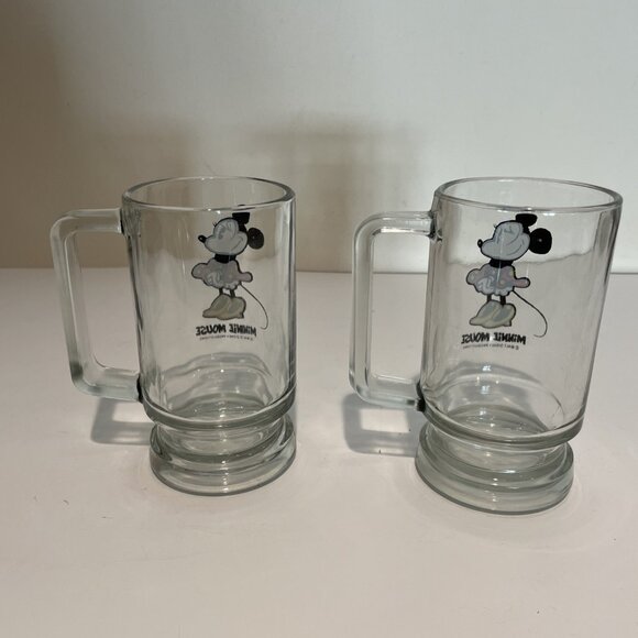 Vintage Walt Disney Minnie Mouse Pedestal Mugs Glasses Clear Handle Set of 2 - Picture 5 of 8